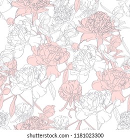 Vector hand drawn sketch illustration of pink, white peony flowers and leaves seamless pattern. Floral white  background, backdrop element for fabric, textile design, wedding. 