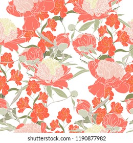 Vector hand drawn sketch illustration of orange peony flowers seamless pattern. Floral white background, backdrop element for fabric, textile design, wedding. 