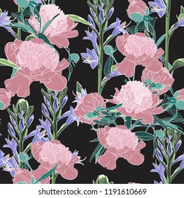 Vector hand drawn sketch illustration of pink peony and violet flowers  seamless pattern. Floral black background, backdrop element for fabric, textile design, wedding. 