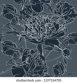Vector hand drawn sketch illustration of dark blue peony flowers seamless pattern. Floral dark vintage background, backdrop element for fabric, textile design, wedding. 