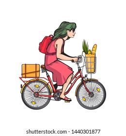 Vector hand drawn sketch illustration with woman, woman on the bicycle, vintage bicycle, vector illustration isolated on white background