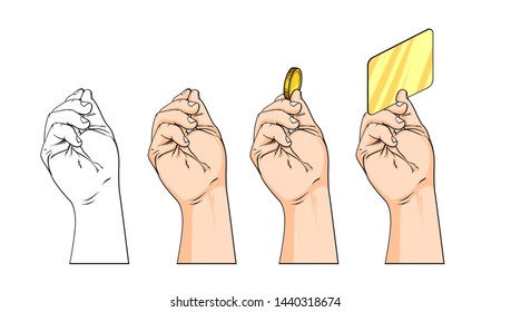 Vector hand drawn sketch illustration of hand with card, hand holding something, vector illustration