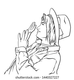 Vector hand drawn sketch illustration of cute young woman with hands up, woman with vintage hat, vector realistic illustration