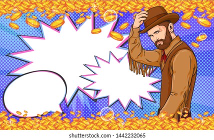 Vector hand drawn sketch illustration of cowboy with many falling gold coins and place for text, vector pop art illustration