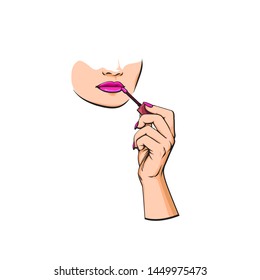 Vector hand drawn sketch illustration of beautiful lips with lipstick, vector illustration isolated on white background