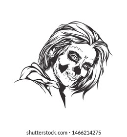 Vector hand drawn sketch illustration of woman with art makeup, sugar skull on the face, vector illustration isolated on white background