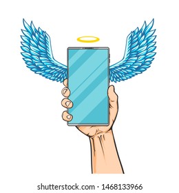 Vector hand drawn sketch illustration of human hand holding the big phone with angel wings, vector illustration isolated on white background