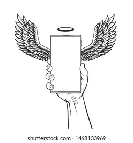Vector hand drawn sketch illustration of human hand holding the big phone with angel wings, vector illustration isolated on white background
