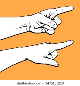 Vector hand drawn sketch illustration of human hand with showing on something, hand drawn cartoon pop art illustration