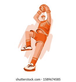 Vector hand drawn sketch illustration of professional basketball player, playing with basketball ball in dynamic pose, isolated on white. Hand draw vector illustration of professional basket