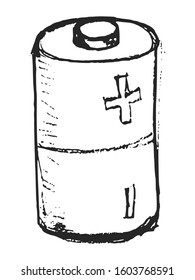 Vector, hand drawn, sketch illustration of round battery. Motives of energy, everyday domestic devices