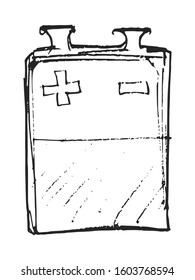 Vector, hand drawn, sketch illustration of square battery. Motives of energy saving, electric devices