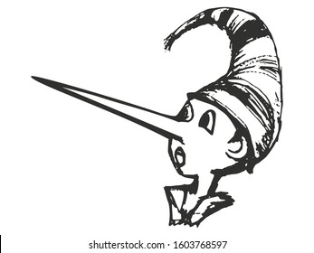 Vector, hand drawn, sketch illustration of Pinocchio with long nose. Motives of fairy tales, image of liar, epithet of lies