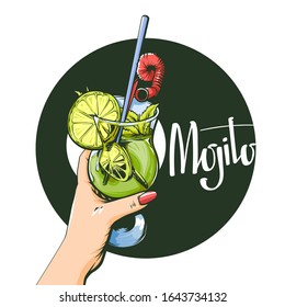 Vector hand drawn sketch illustration of sweet mojito with ice, leaves of mint and slice of lime, vector illustration isolated on white background