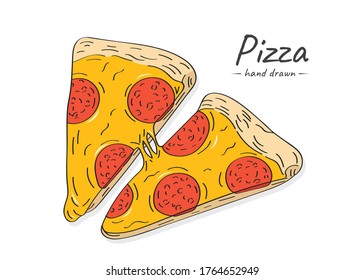 Esbozo dibujado a mano vectorial ilustración de rodajas de pizza de pepperoni con salami salami y queso.