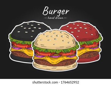 Vector hand drawn sketch illustration of a set of burgers with a white, red and black bun with sesame seeds. Burgers with beef cutlet, cheese, tomatoes, onions and lettuce.