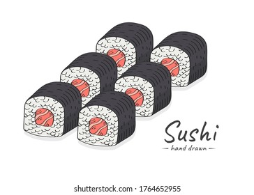 Vector hand drawn sketch illustration of sushi roll set with nori and salmon.