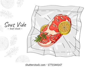 Vector hand drawn sketch illustration of beef steak. Sous-Vide Slow Cooking Technology.