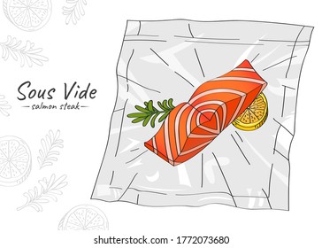 Vector hand drawn sketch illustration of a salmon filet with rosemary and lemon. Sous-Vide Slow Cooking Technology.
