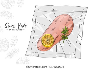 Vector hand drawn sketch illustration of chicken fillet with rosemary and lemon. Sous-Vide Slow Cooking Technology.