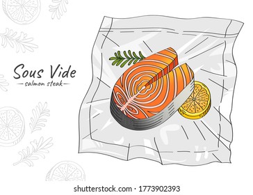 Vector hand drawn sketch illustration of a vacuum-packed salmon steak with rosemary and lemon. Sous-Vide Slow Cooking Technology.