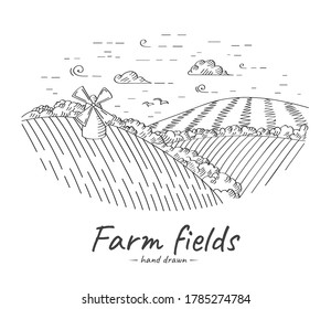 Vector hand drawn sketch illustration of fields and mill.