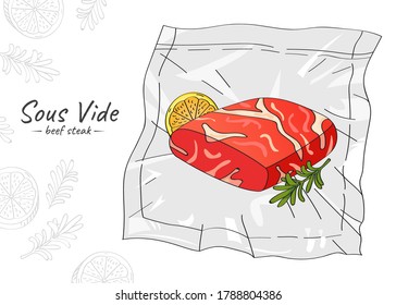 Vector hand drawn sketch illustration of beef steak. Sous-Vide Slow Cooking Technology.