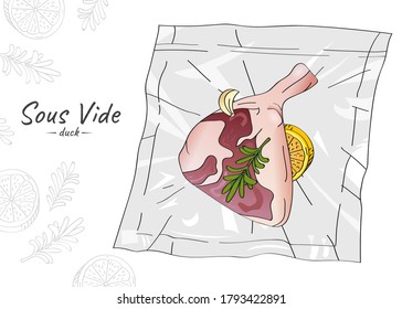 Vector hand drawn sketch illustration of raw duck leg with spices and lemon vacuum packed. Sous-Vide Slow Cooking Technology.