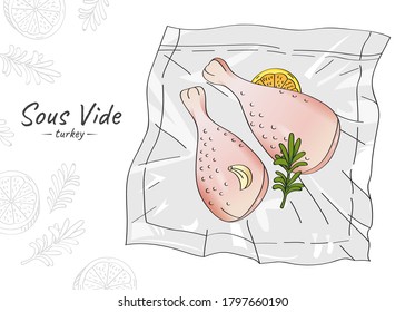 Vektor handgezeichnete Skizze Illustration von rohen Putenschenkeln mit Gewürzen und Zitronenvakuum verpackt. Sous-Vide Slow Cooking Technologie.