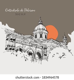 Vector hand drawn sketch illustration of Palermo Cathedral or Cattedrale di Palermo, Sicily