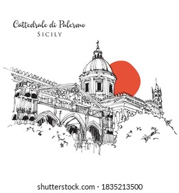 Vector hand drawn sketch illustration of Palermo Cathedral or Cattedrale di Palermo, Sicily