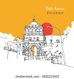 Vector hand drawn sketch illustration of Porto Nuovo in Palermo, Sicily