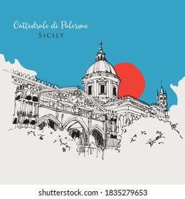 Vector hand drawn sketch illustration of Palermo Cathedral or Cattedrale di Palermo, Sicily