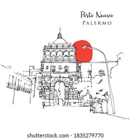Vector hand drawn sketch illustration of Porto Nuovo in Palermo, Sicily