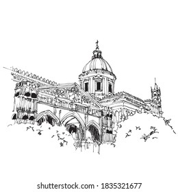 Vector hand drawn sketch illustration of Palermo Cathedral or Cattedrale di Palermo, Sicily