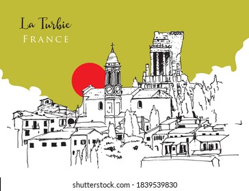 Vector hand drawn sketch illustration of La Turbie, a commune in the Alpes-Maritimes department in southeastern France