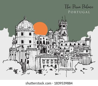 Vector hand drawn sketch illustration of The Pena Palace, a Romanticist castle in São Pedro de Penaferrim, in Sintra, on the Portuguese Riviera