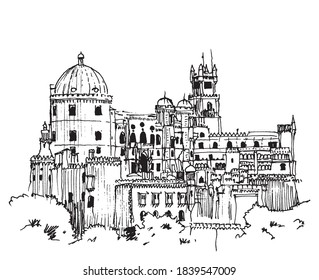 Vector hand drawn sketch illustration of The Pena Palace, a Romanticist castle in São Pedro de Penaferrim, in Sintra, on the Portuguese Riviera