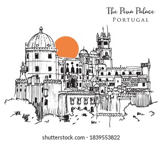 Vector hand drawn sketch illustration of The Pena Palace, a Romanticist castle in São Pedro de Penaferrim, in Sintra, on the Portuguese Riviera