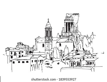 Vector hand drawn sketch illustration of La Turbie, a commune in the Alpes-Maritimes department in southeastern France