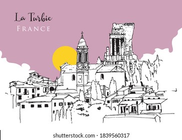 Vector hand drawn sketch illustration of La Turbie, a commune in the Alpes-Maritimes department in southeastern France