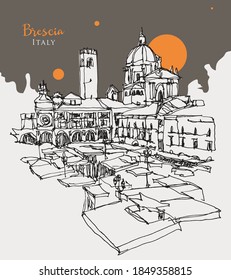 Vector hand drawn sketch illustration of Brescia, the second largest city of Lombardy, Italy. View from Piazza del Mercato, the Saturday Market