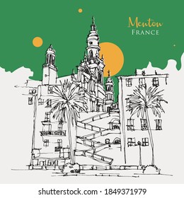 Esbozo dibujado a mano vectorial ilustración de Menton, una ciudad del sudeste de Francia, Riviera Francesa