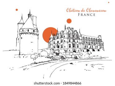 Vector hand drawn sketch illustration of Chateau de Chenonceau in Loire Valley in France