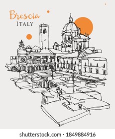 Vector hand drawn sketch illustration of Brescia, the second largest city of Lombardy, Italy. View from Piazza del Mercato, the Saturday Market