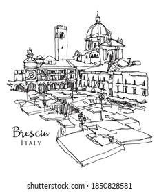 Vector hand drawn sketch illustration of Brescia, the second largest city of Lombardy, Italy. View from Piazza del Mercato, the Saturday Market