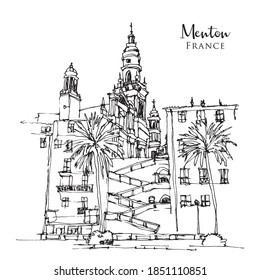Vector hand drawn sketch illustration of Menton, a town in southeast France, French Riviera