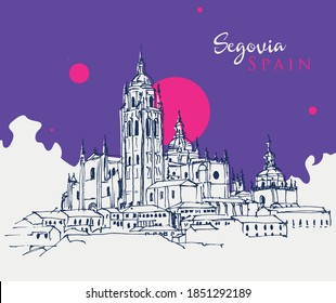 Vector hand drawn sketch illustration of Cathedral of Segovia, Spain