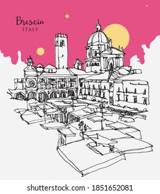 Vector hand drawn sketch illustration of Brescia, the second largest city of Lombardy, Italy. View from Piazza del Mercato, the Saturday Market