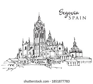 Vector hand drawn sketch illustration of Cathedral of Segovia, Spain